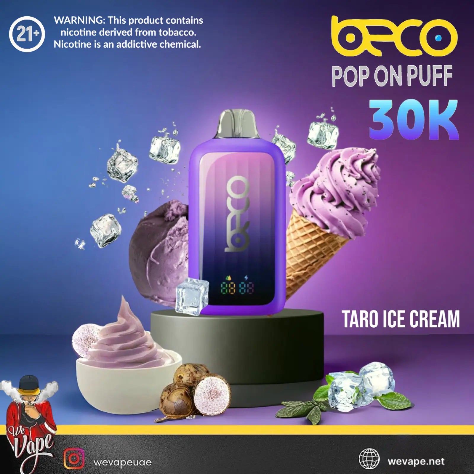 Baco vape device with taro ice cream theme on a blue and purple gradient background. ORDER NOW