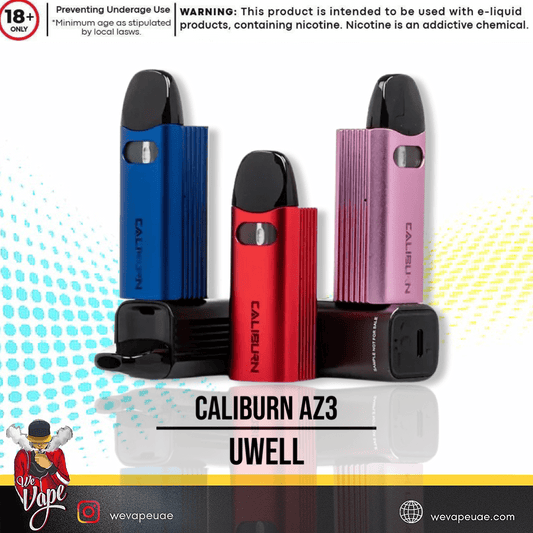 Caliburn AZ3 Pod system by UWELL in multiple colors in white, yellow and aqua blue background