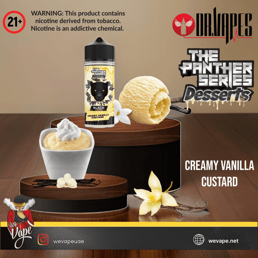 Panther Series Desserts Black Custard by Dr Vapes 120ml Premium E-Liquid 3mg/6mg with vanilla custard display in podium, wooden brown background 

