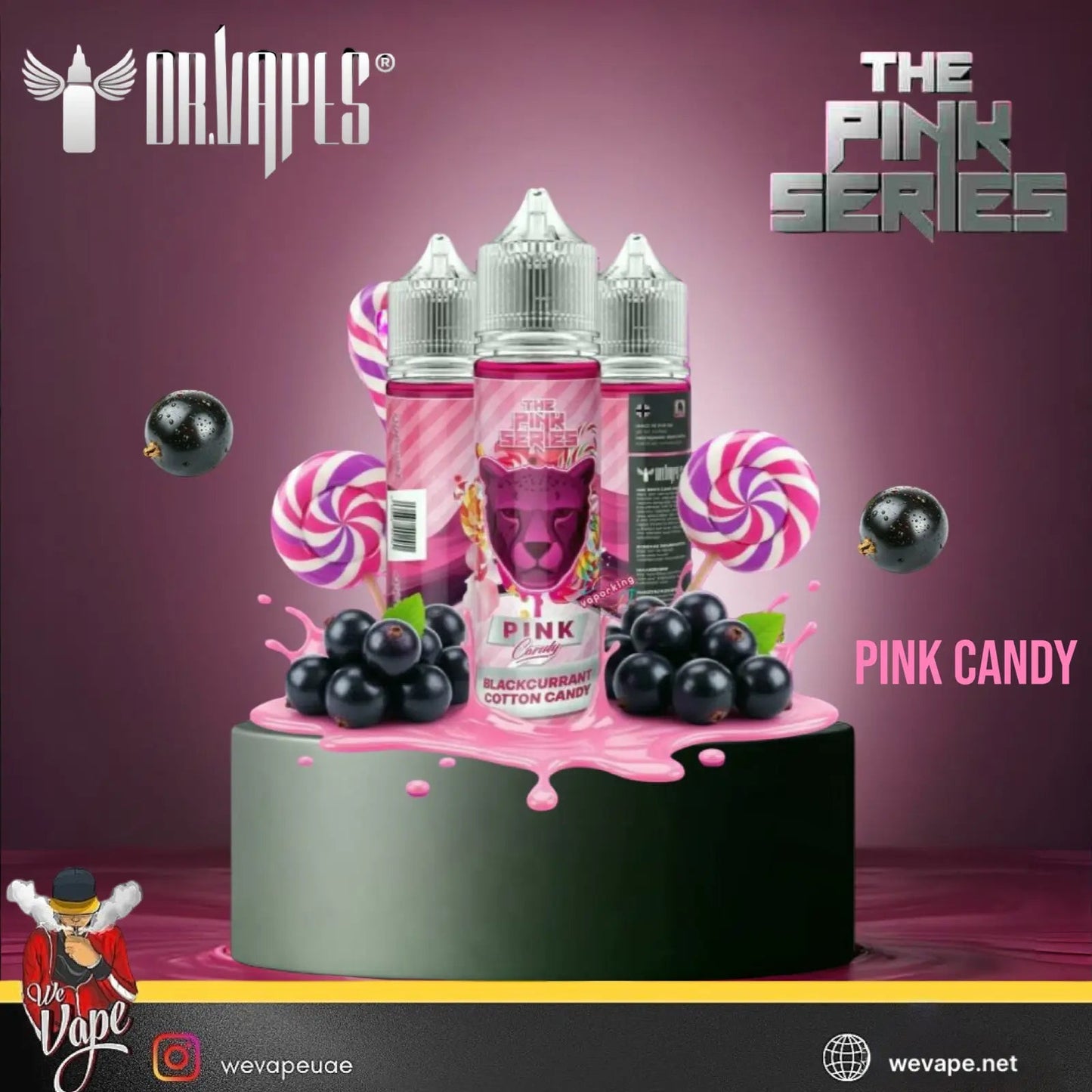 Vape juice bottles with pink candy theme on a purple background, featuring the brand 'Dr Vapes' and product line 'Pink Series'.