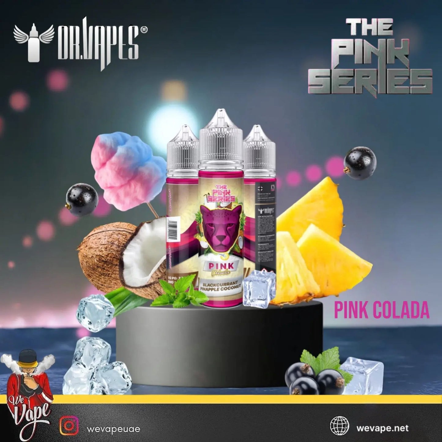 Pink Colada vape juice packaging with pineapple, coconut, and cotton candy on a dark background. Order Now and get FREE Delivery.