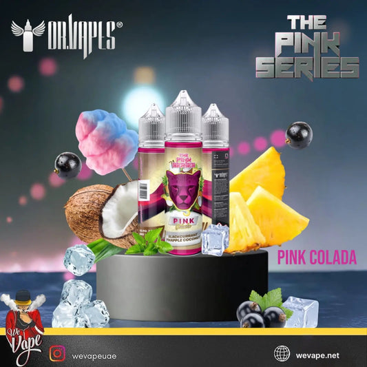 Pink Colada vape juice packaging with pineapple, coconut, and cotton candy on a dark background. Order Now and get FREE Delivery.