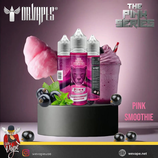 Three bottles of pink vape juice with pink cotton candy and blackberries on a purple background, featuring the brand 'THE PINK SERIES'. Order Now and get FREE Delivery.