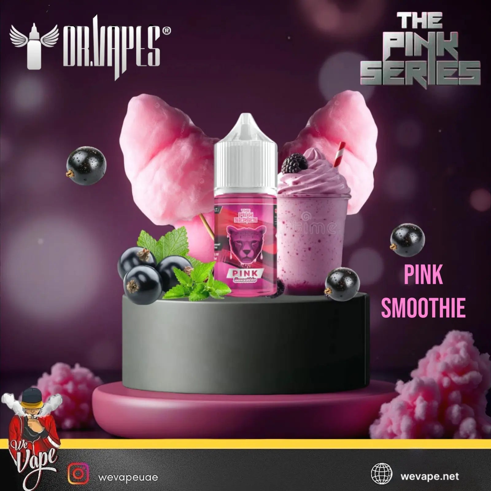 Pink smoothie-themed vape product with 'Dr Vapes' branding on a dark background. Order Now and get Free Delivery.