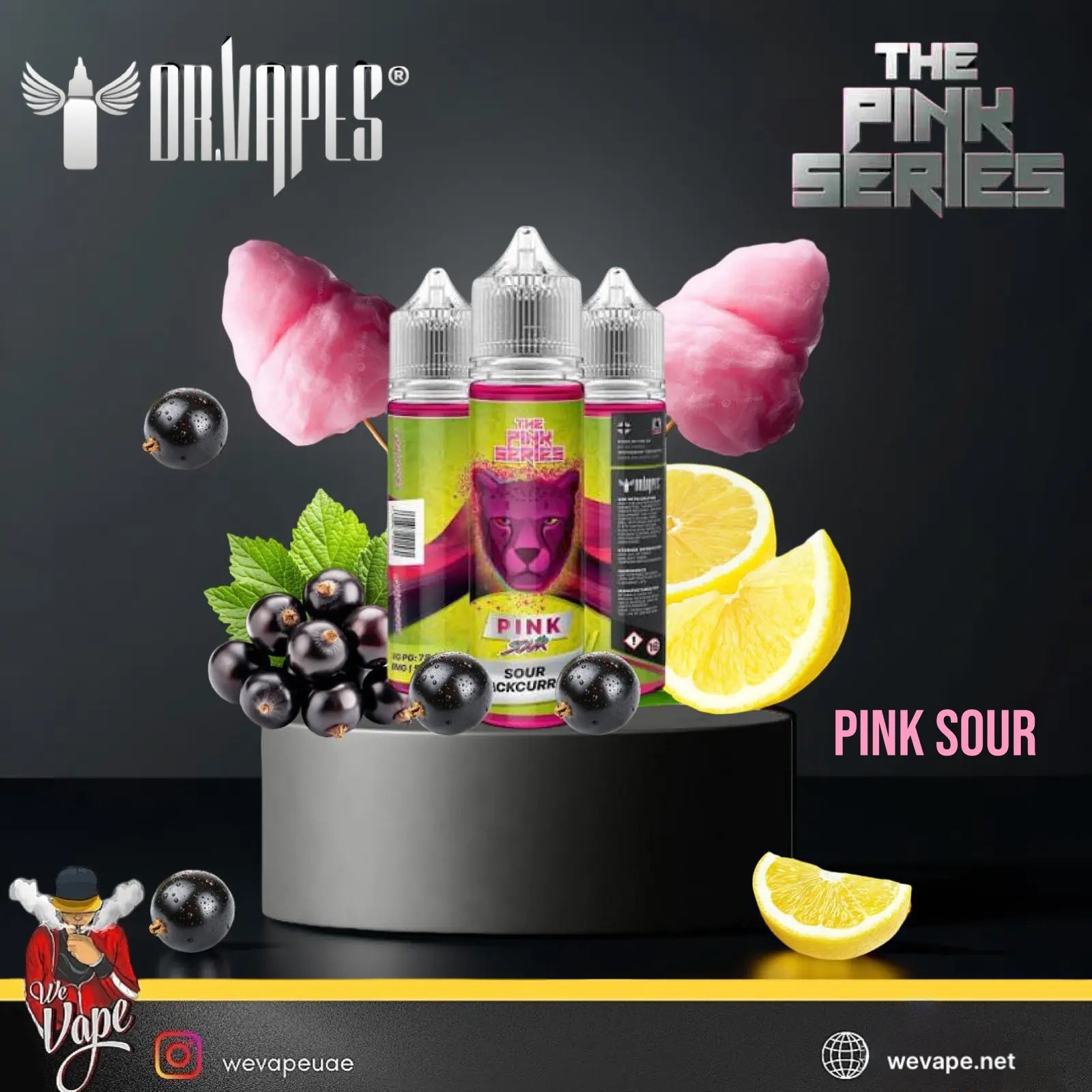 Orbulos Pink Sour vape juice bottles with pink cotton candy, black currants, and lemon slices on a dark background. Order Now and get FREE Delivery.