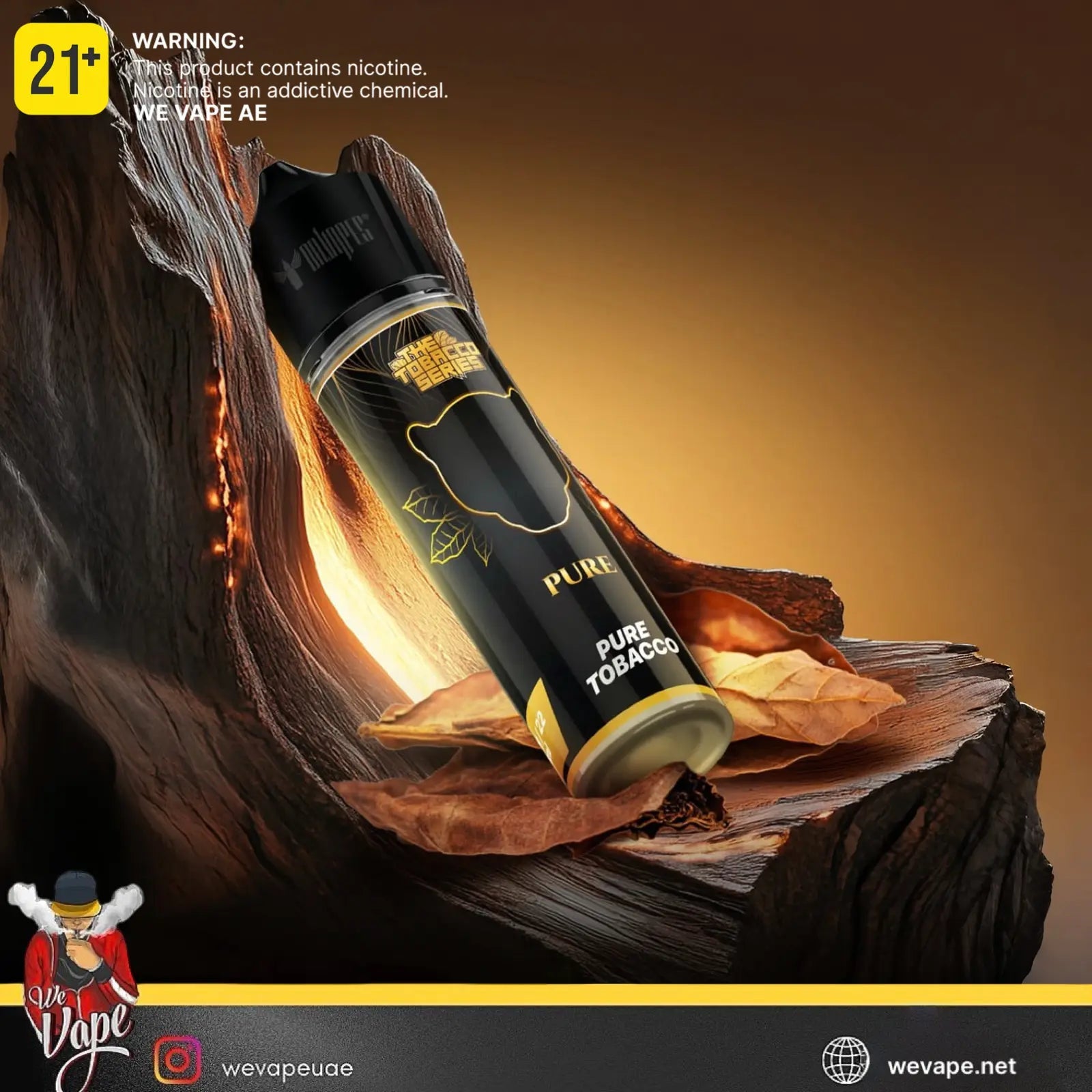 Vape E-Liquid labeled 'Pure Tobacco' on a wooden surface with warning label and branding. Order Now and get FREE Delivery.