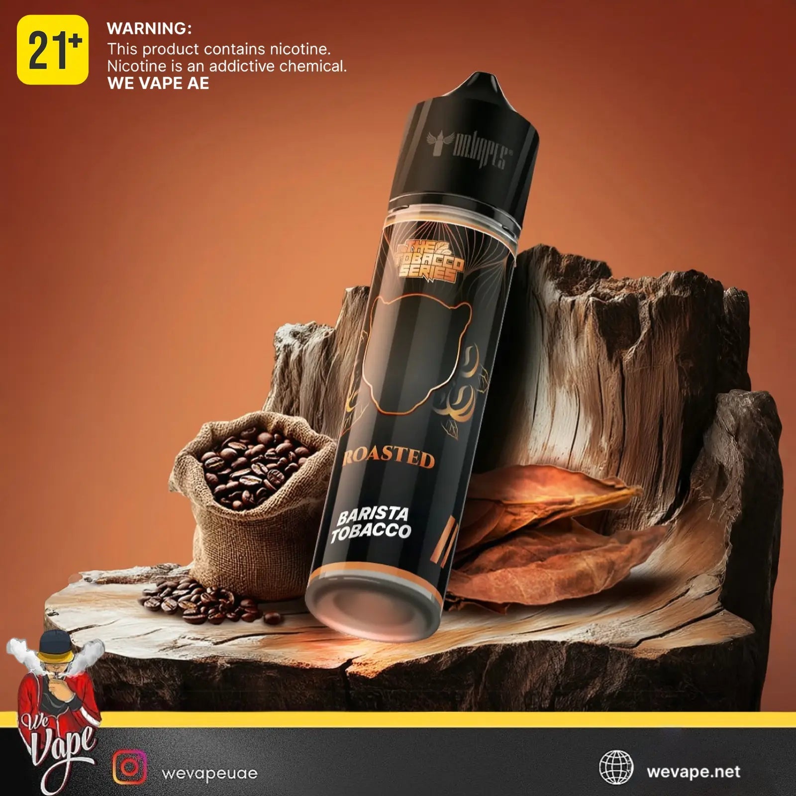 Vape E-Liquid with 'Roasted Barista Tobacco' flavor on a wooden surface with coffee beans, surrounded by branding and warning text. Order Now and get FREE Delivery.