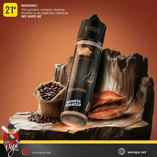 Vape E-Liquid with 'Roasted Barista Tobacco' flavor on a wooden surface with coffee beans, surrounded by branding and warning text. Order Now and get FREE Delivery.