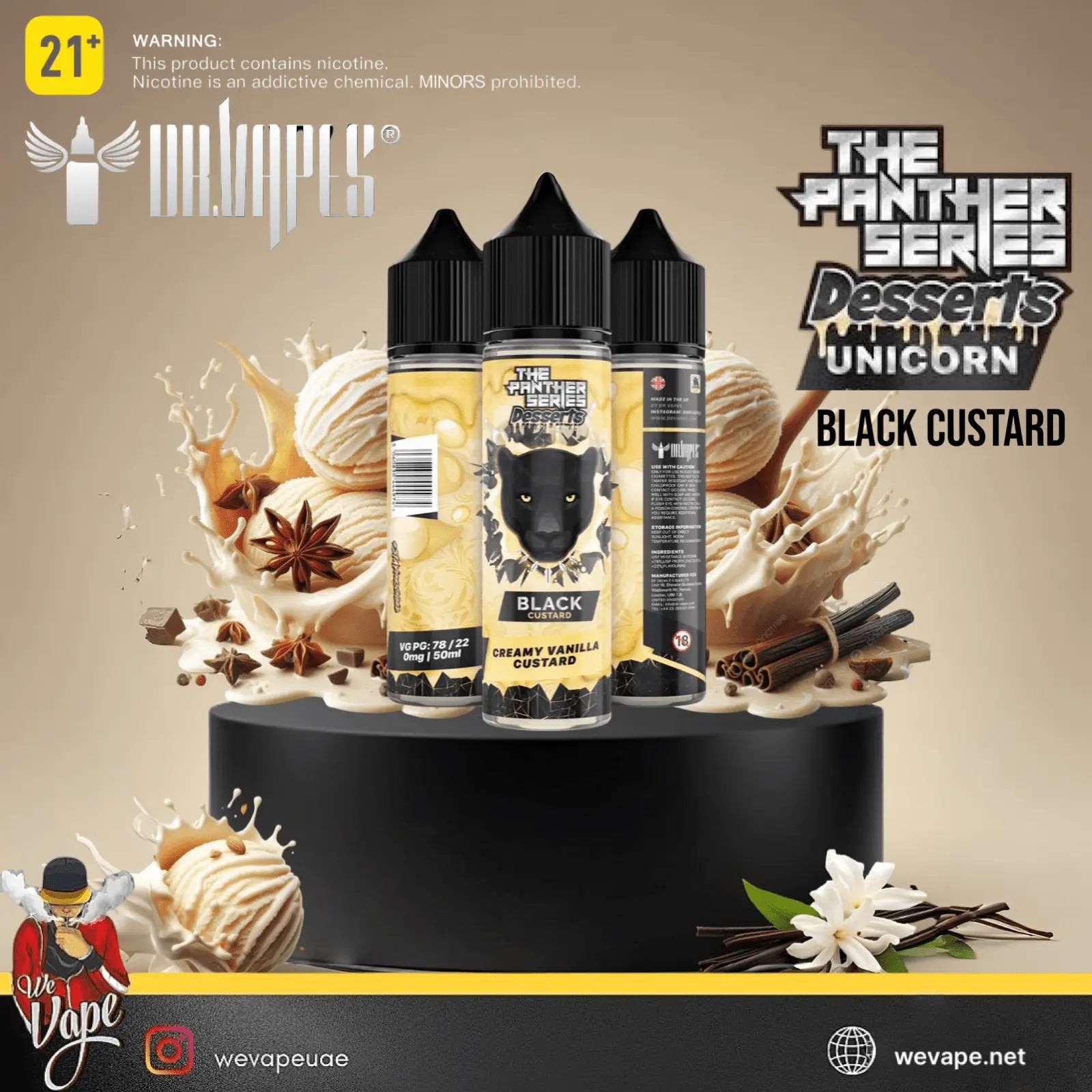 Two bottles of 'Black Custard' vape juice with decorative elements on a beige background.