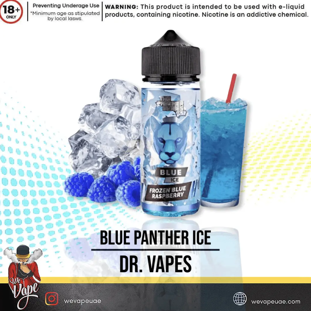 Blue Panther Ice vape juice bottle with ice cubes, berries, and a drink on a colorful background. Dr. Vapes branding visible.