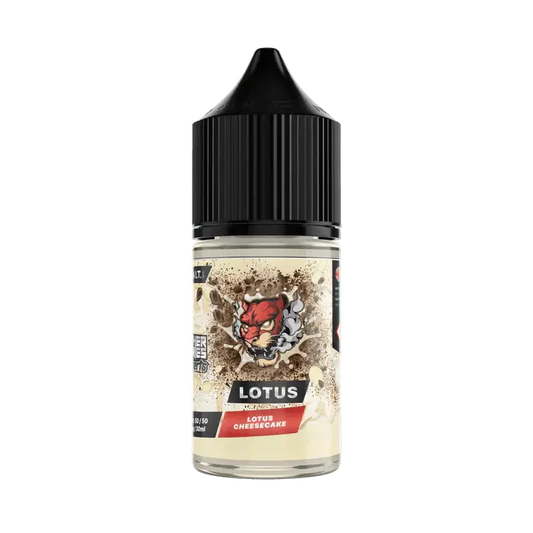 Dr Vapes juice bottle with 'Lotus' branding on a beige background