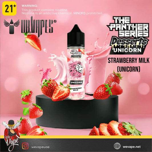 Vape juice bottle with strawberries on a pink background, featuring the brand 'We Vape'.