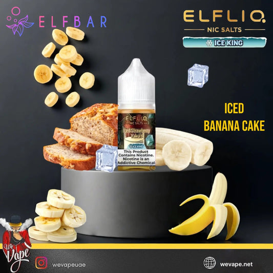 Elf Bar vape juice bottle with banana slices and ice cubes on a dark background. Order now and get Free Delivery 