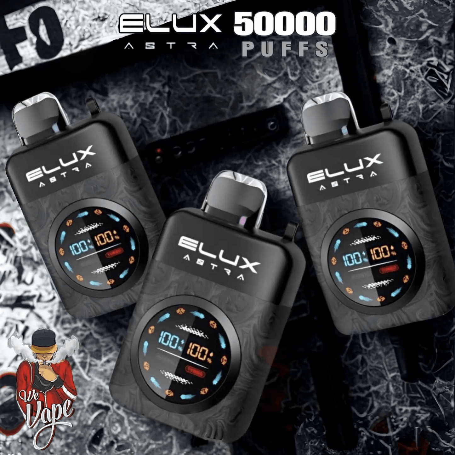 Three ELUX Astra vape devices on a textured background with 'Elux Astra' branding.