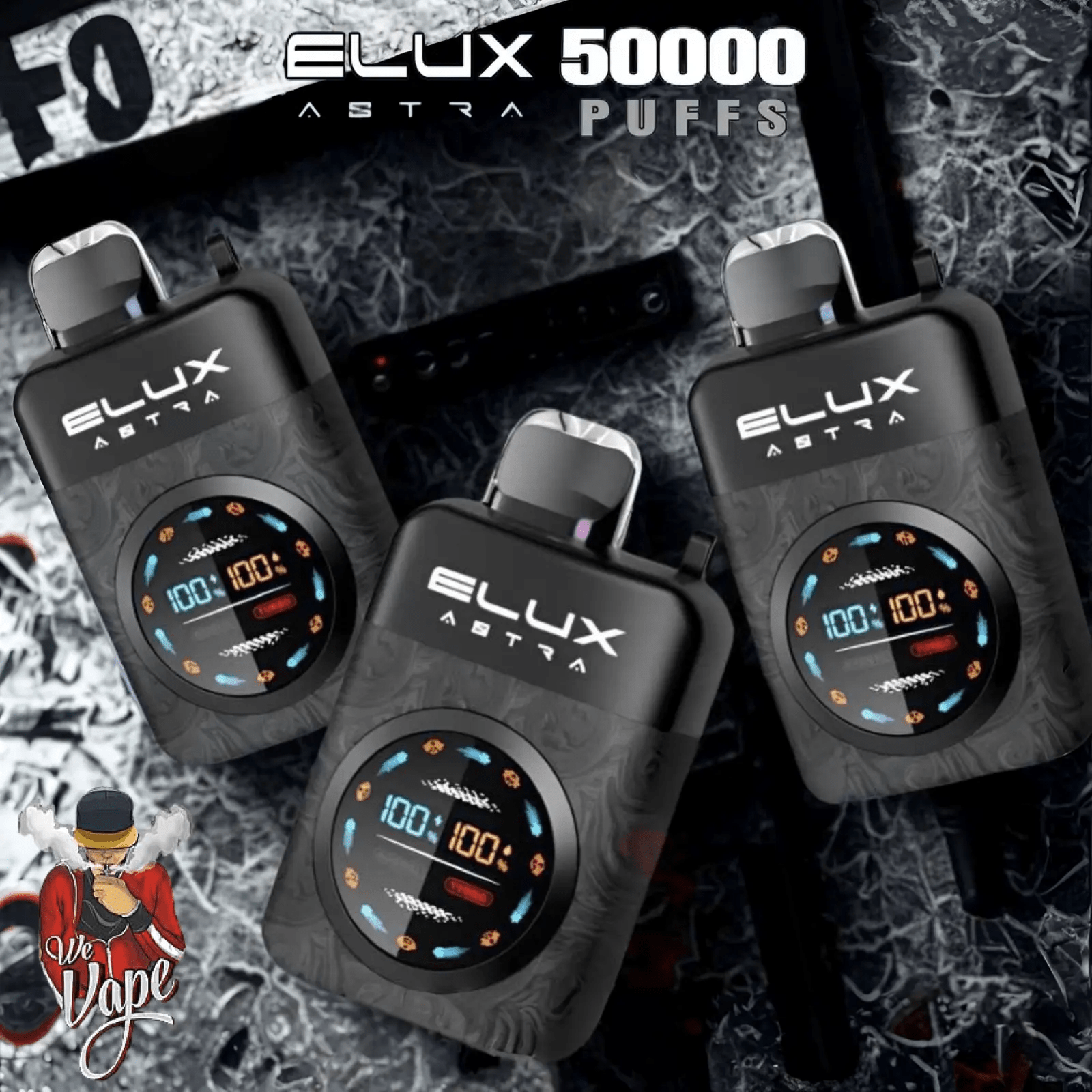 Three ELUX Astra vape devices on a textured background with 'Elux Astra' branding.