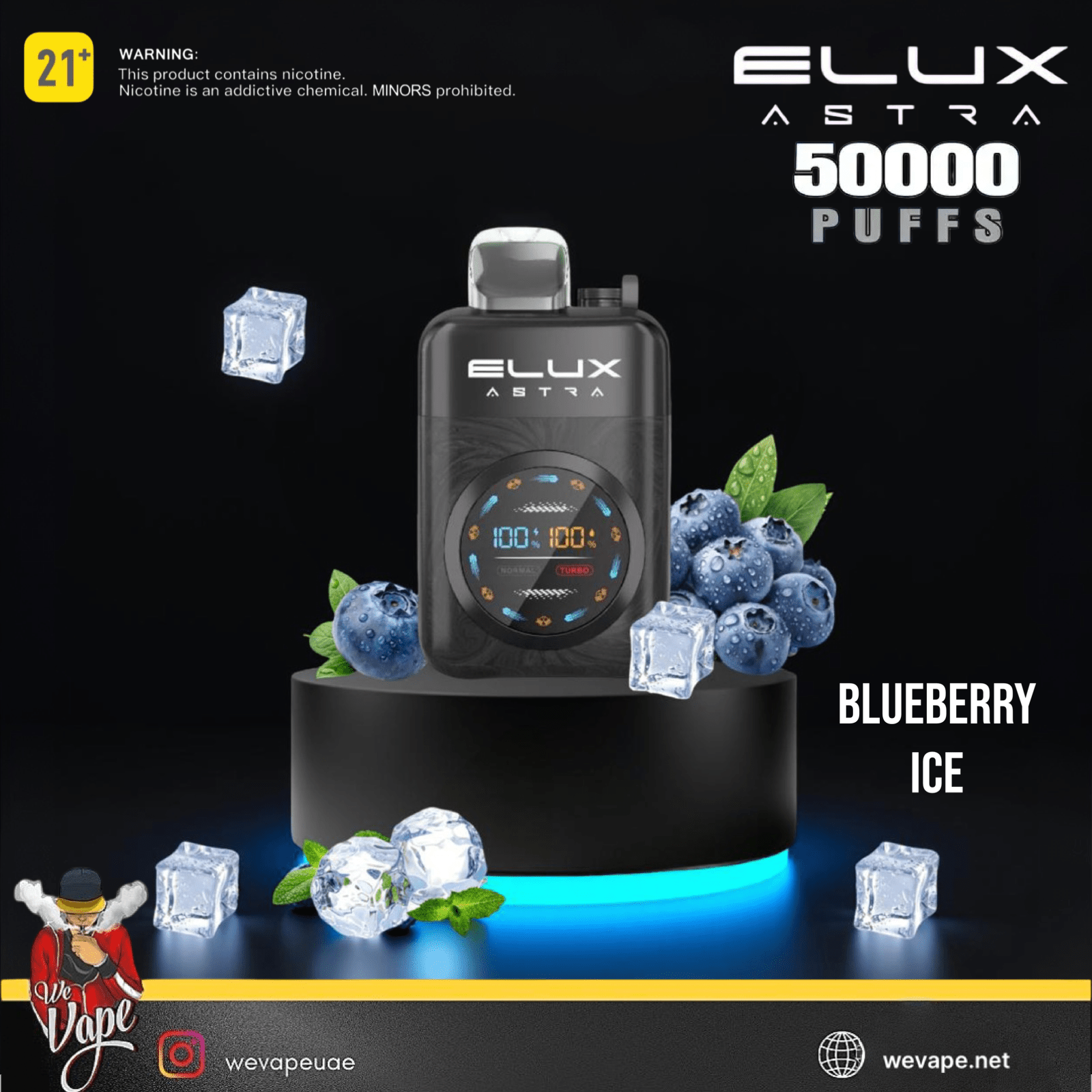 ELUX Astra vape device with blueberries and ice cubes on a black background