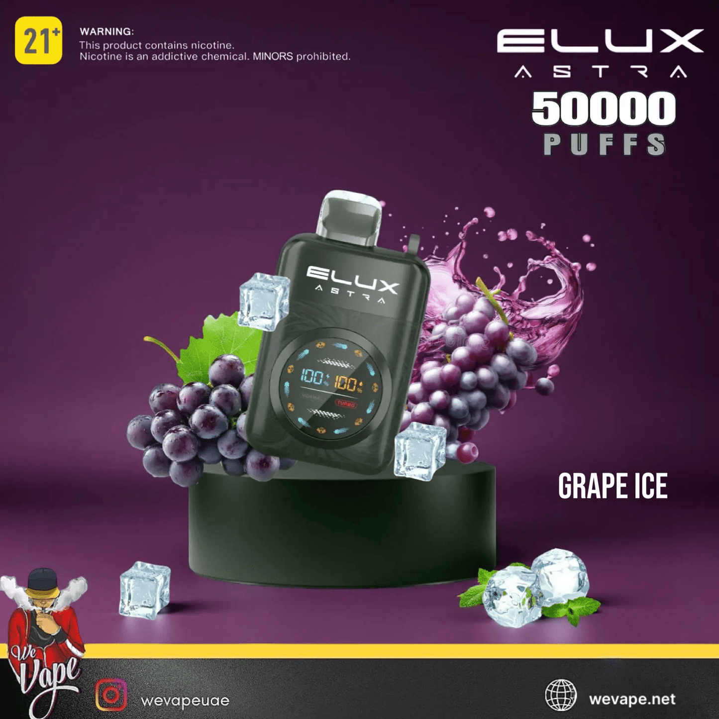 ELUX ASTRA vape device with grape ice flavor on a purple background