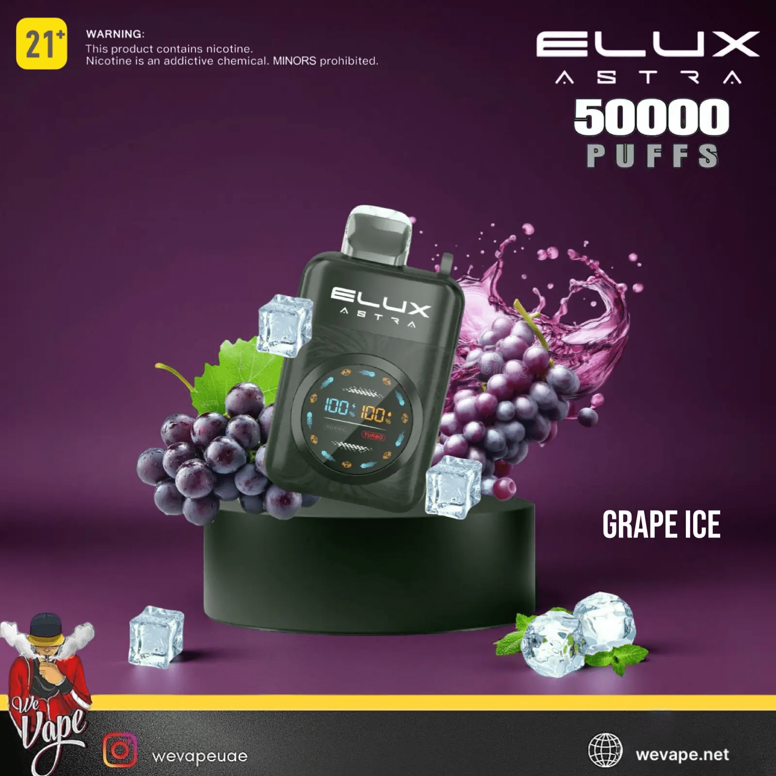 ELUX ASTRA vape device with grape ice flavor on a purple background