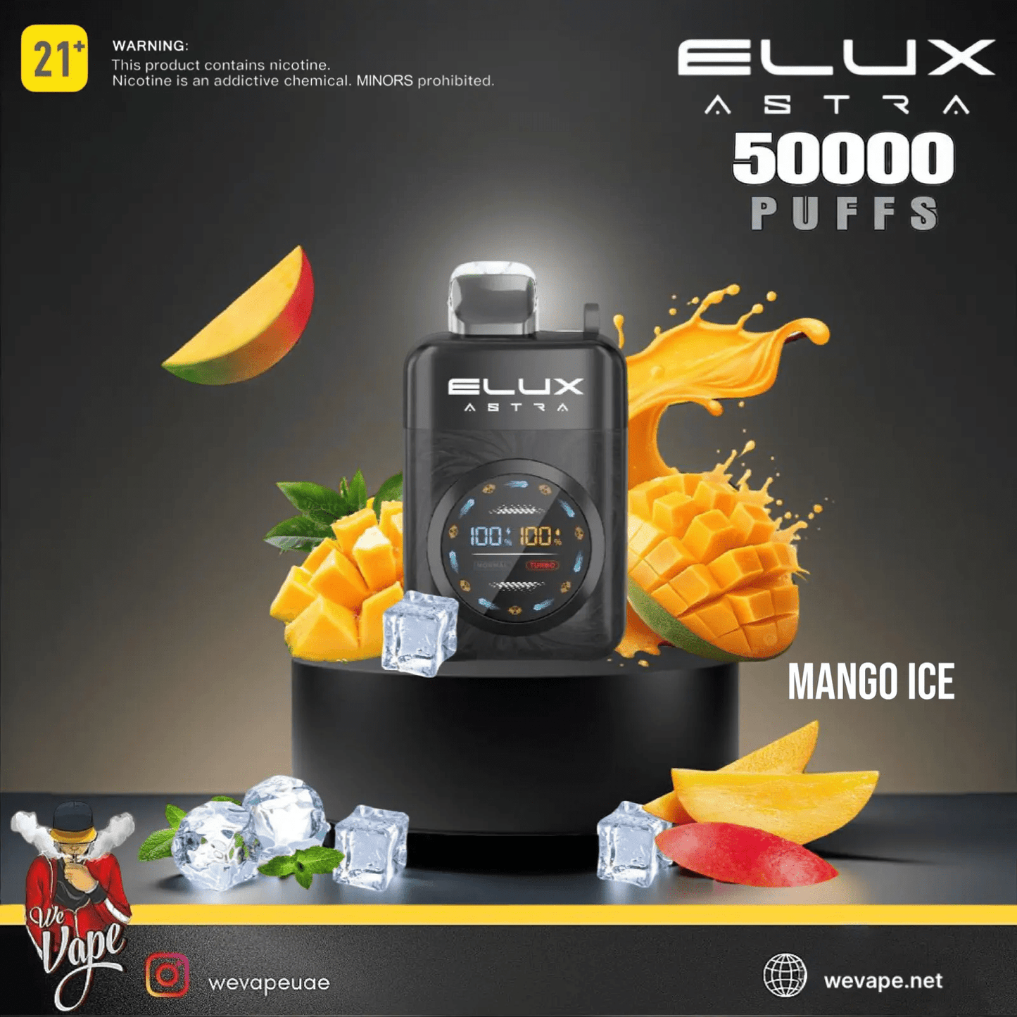 Elux Astra vape device with mango ice flavor on a dark background