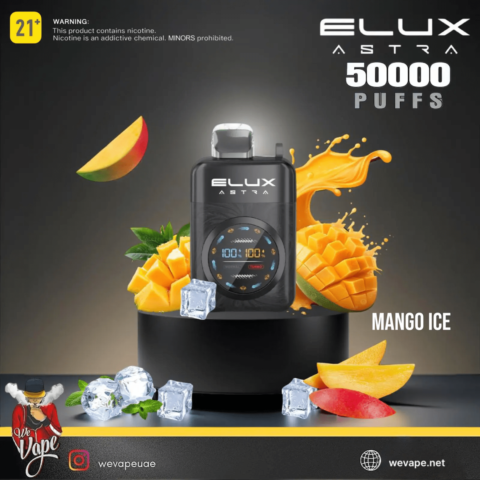 Elux Astra vape device with mango ice flavor on a dark background