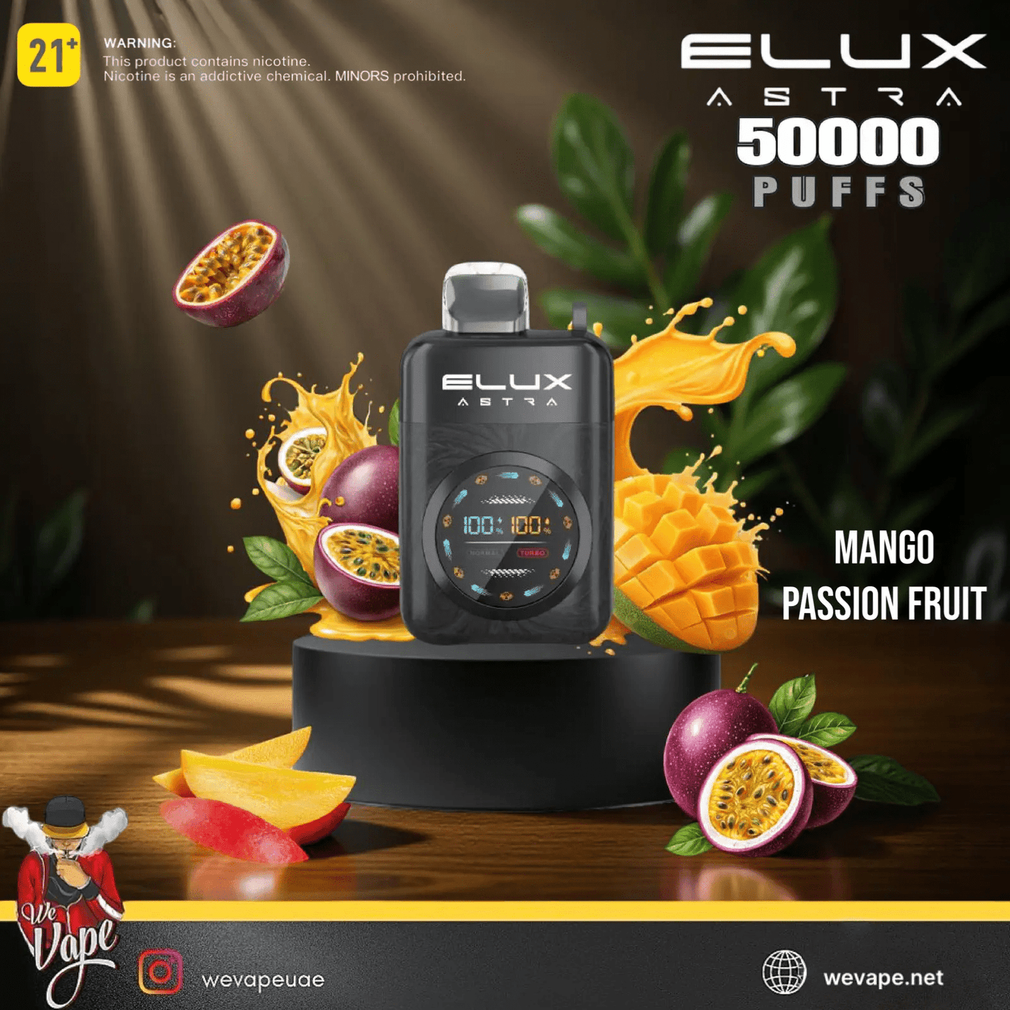 Elux Astra vape device with mango and passion fruit on a dark background