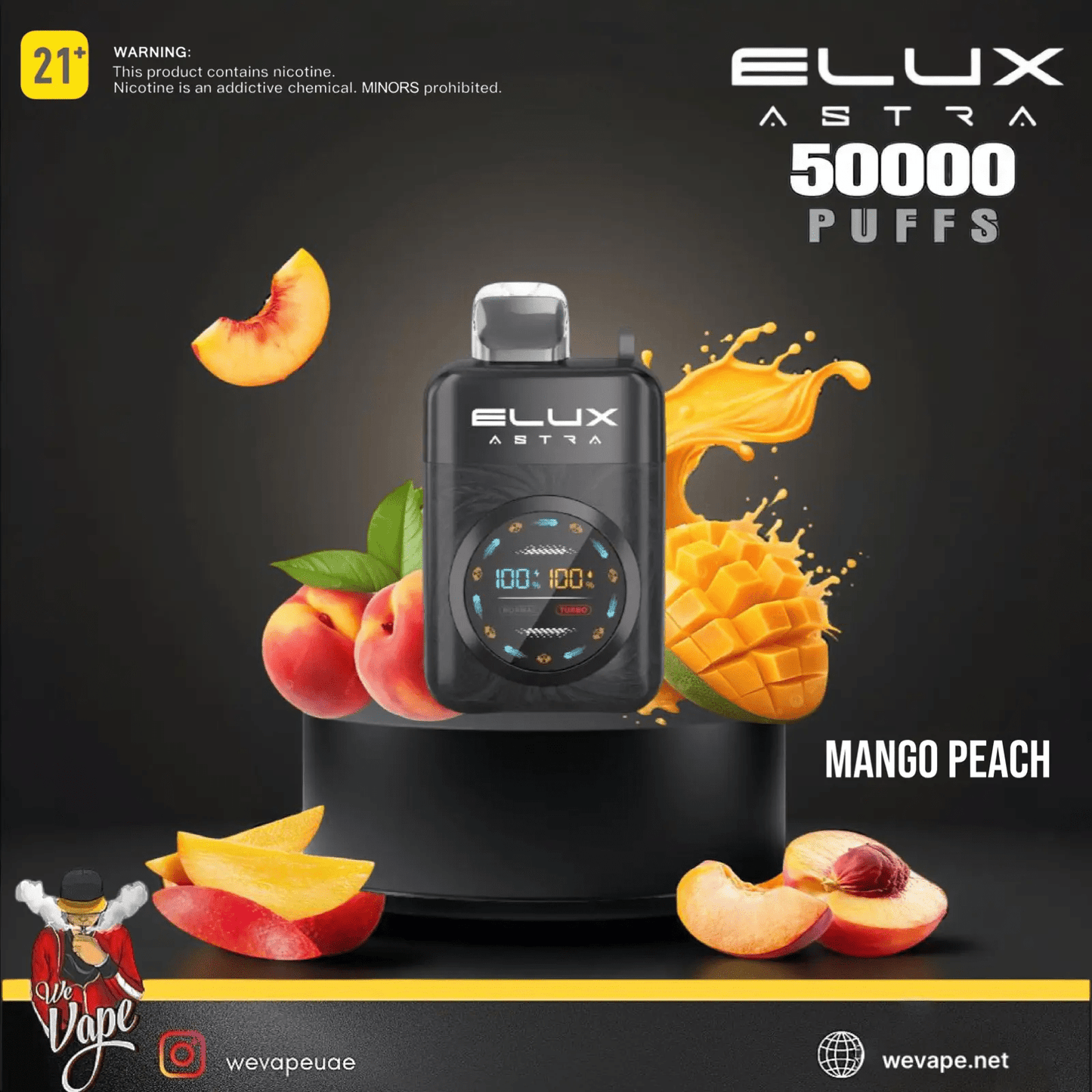 Elux Astra vape device with mango and peach elements on a dark background