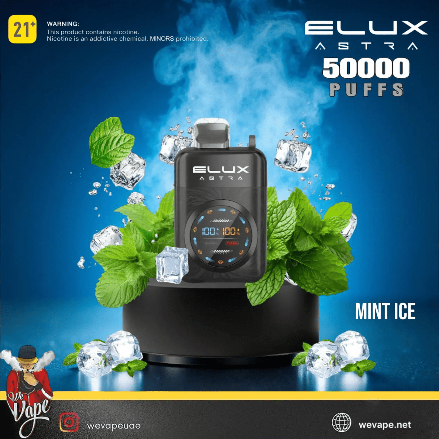 Elux Astra vape device with mint leaves and ice cubes on a blue background