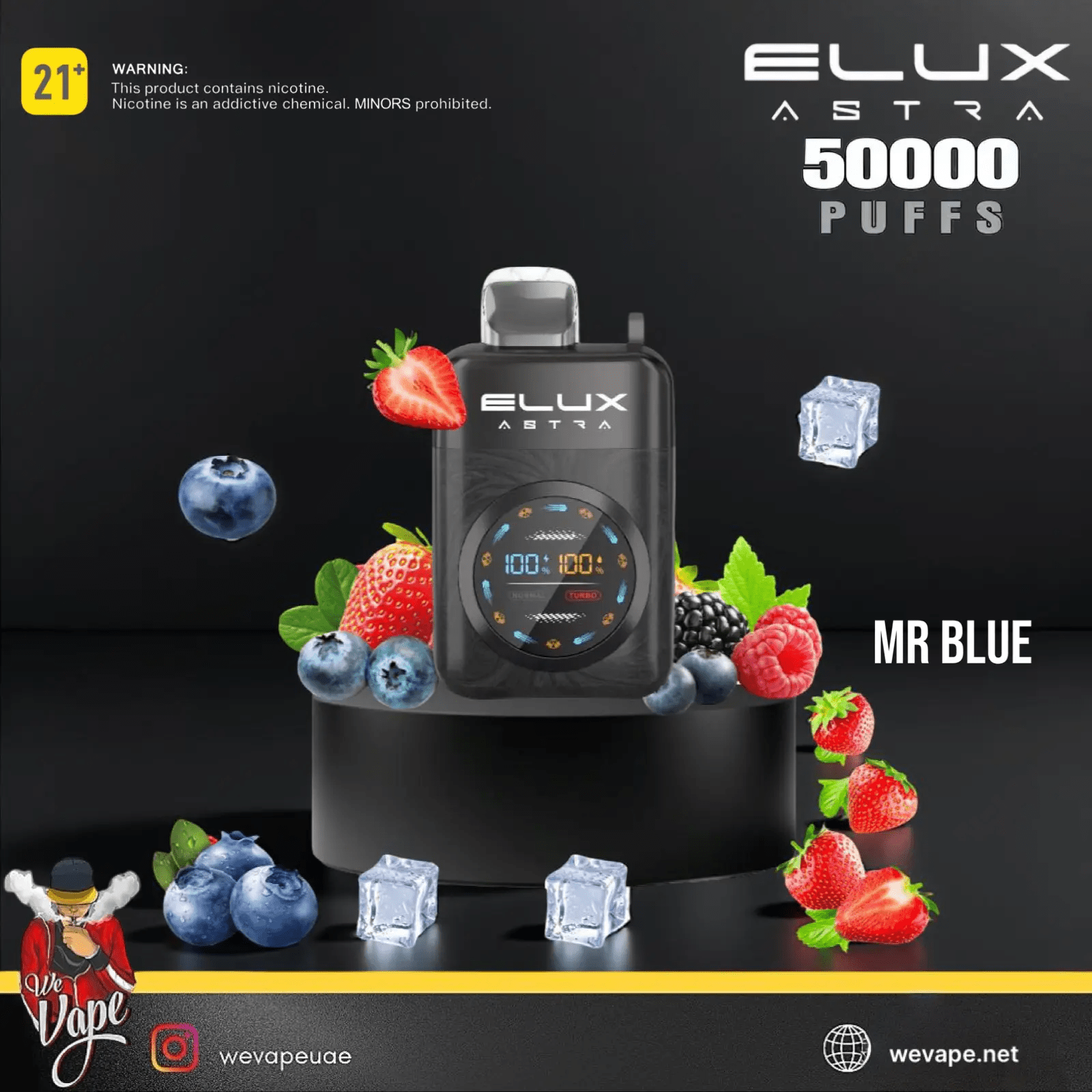 ELUX Astra vape device with berries and ice cubes on a black background