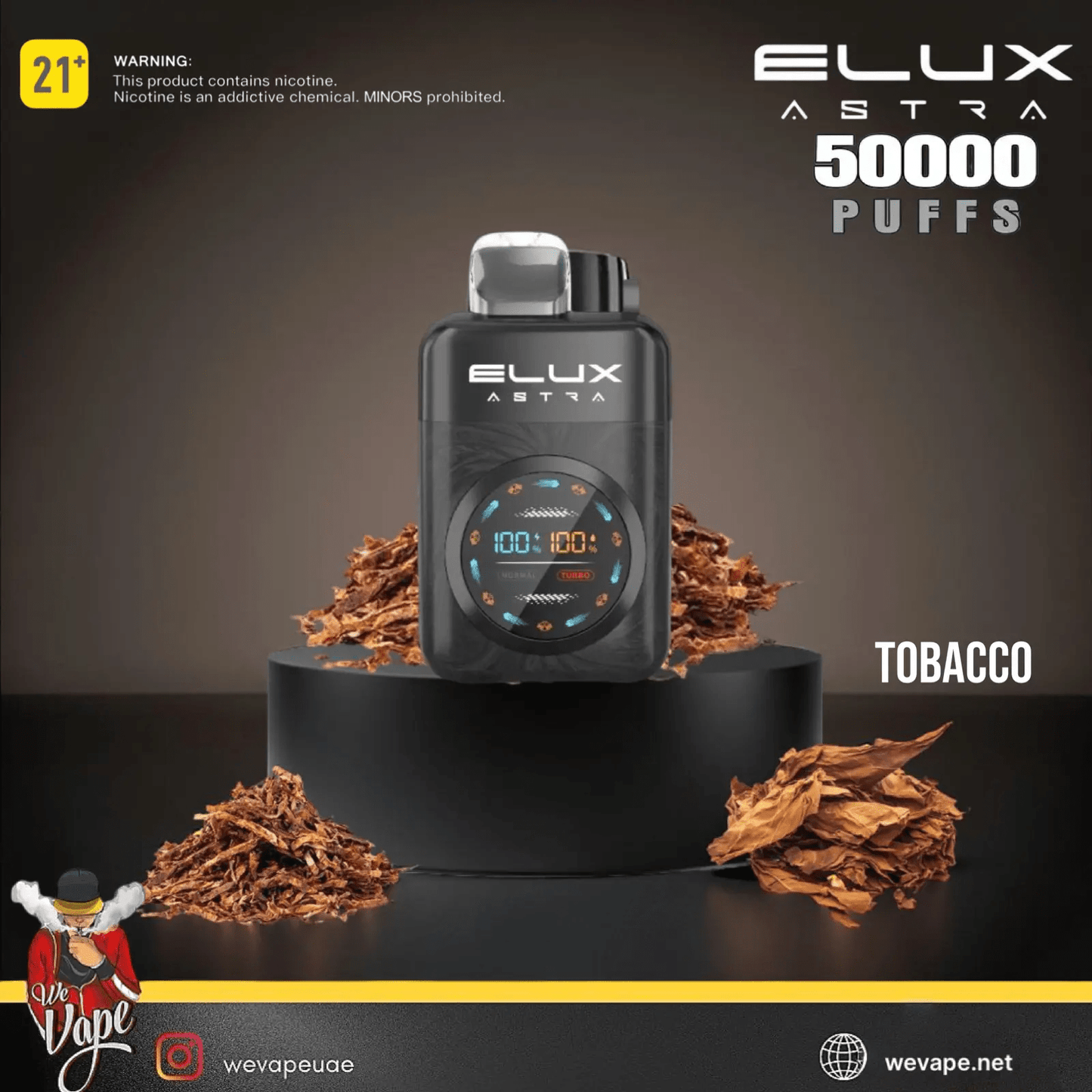 Elux Astra vape device with tobacco leaves on a dark background