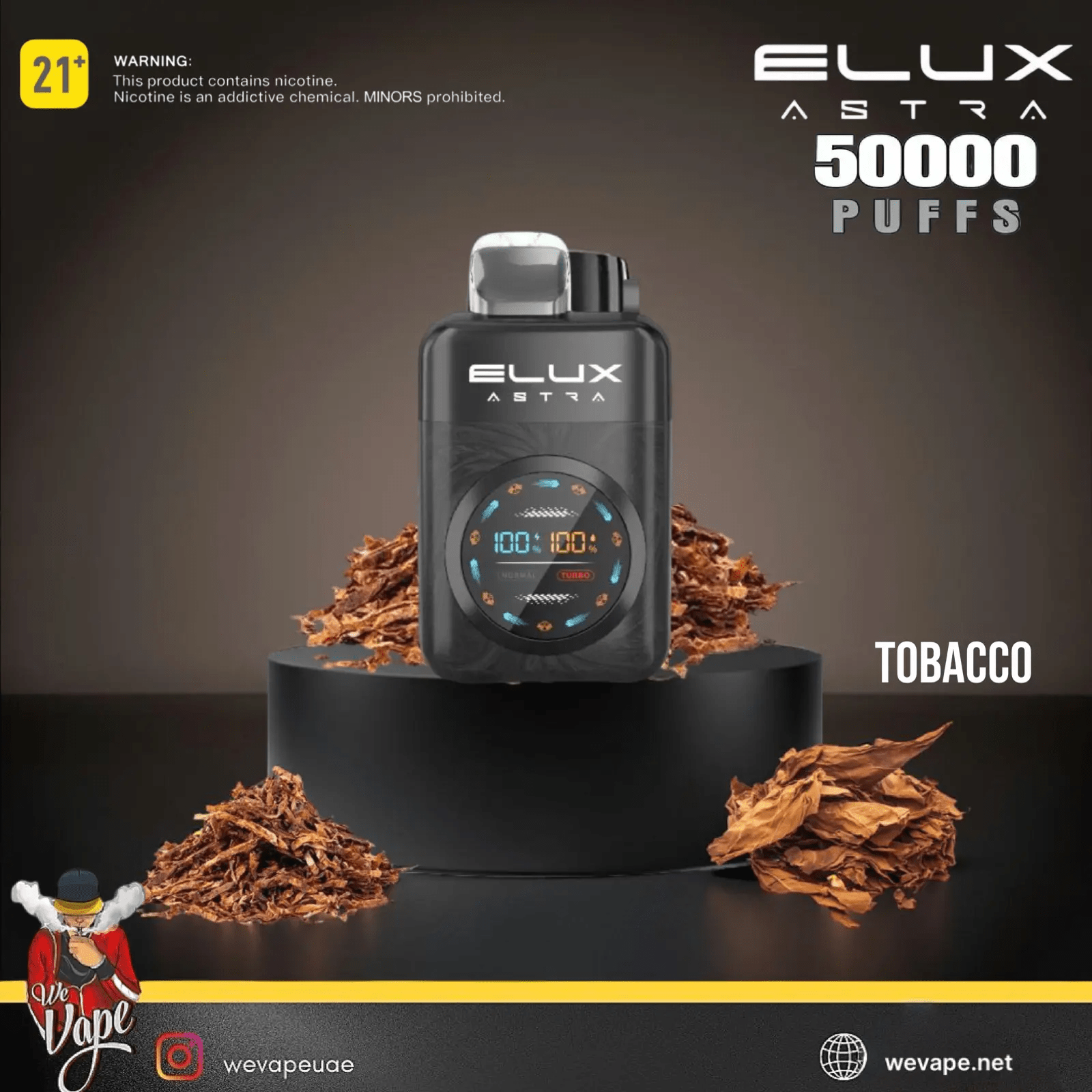 Elux Astra vape device with tobacco leaves on a dark background