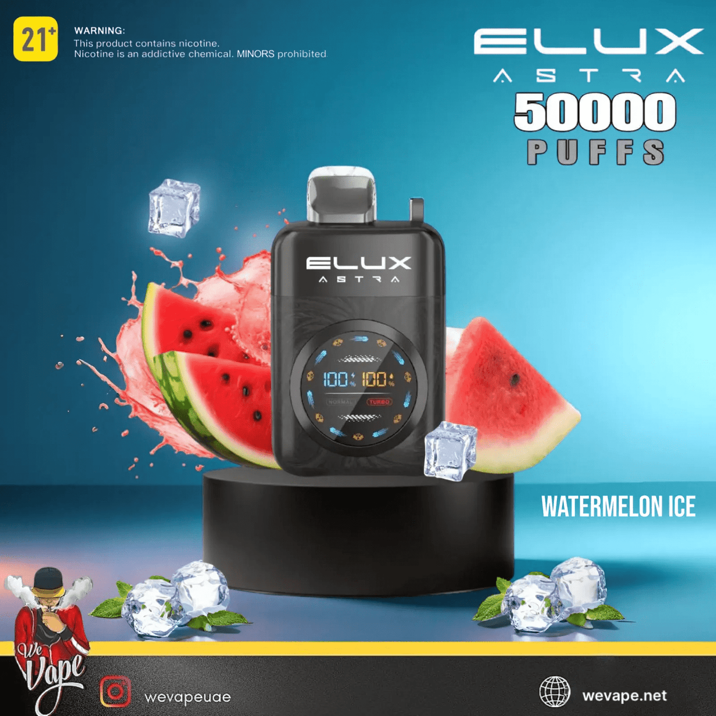 ELUX Astra vape device with watermelon slices and ice cubes on a blue background