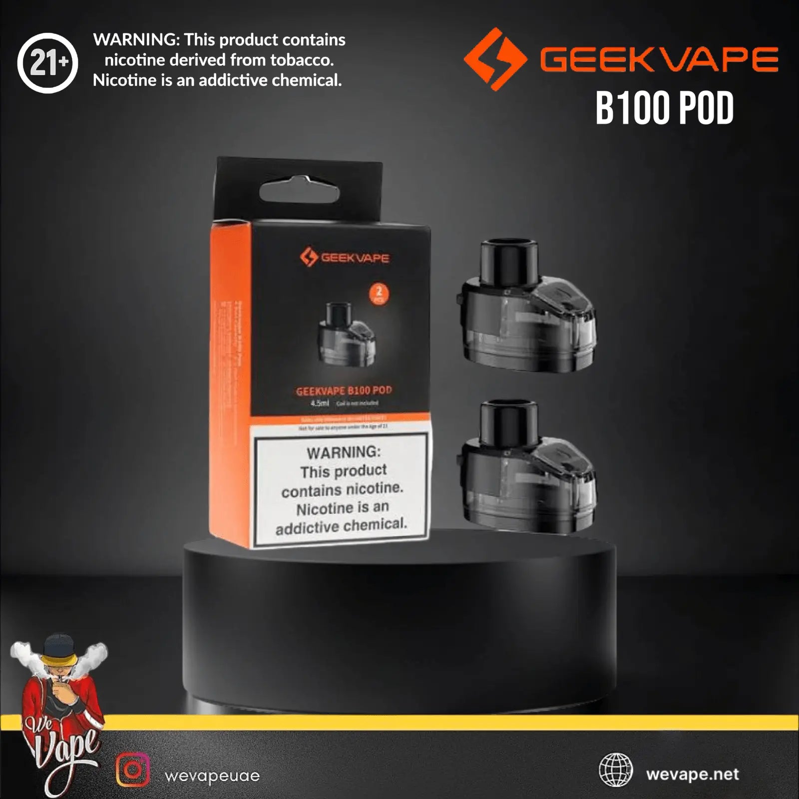 GeekVape B100 Pod packaging with nicotine warning labels on a dark background