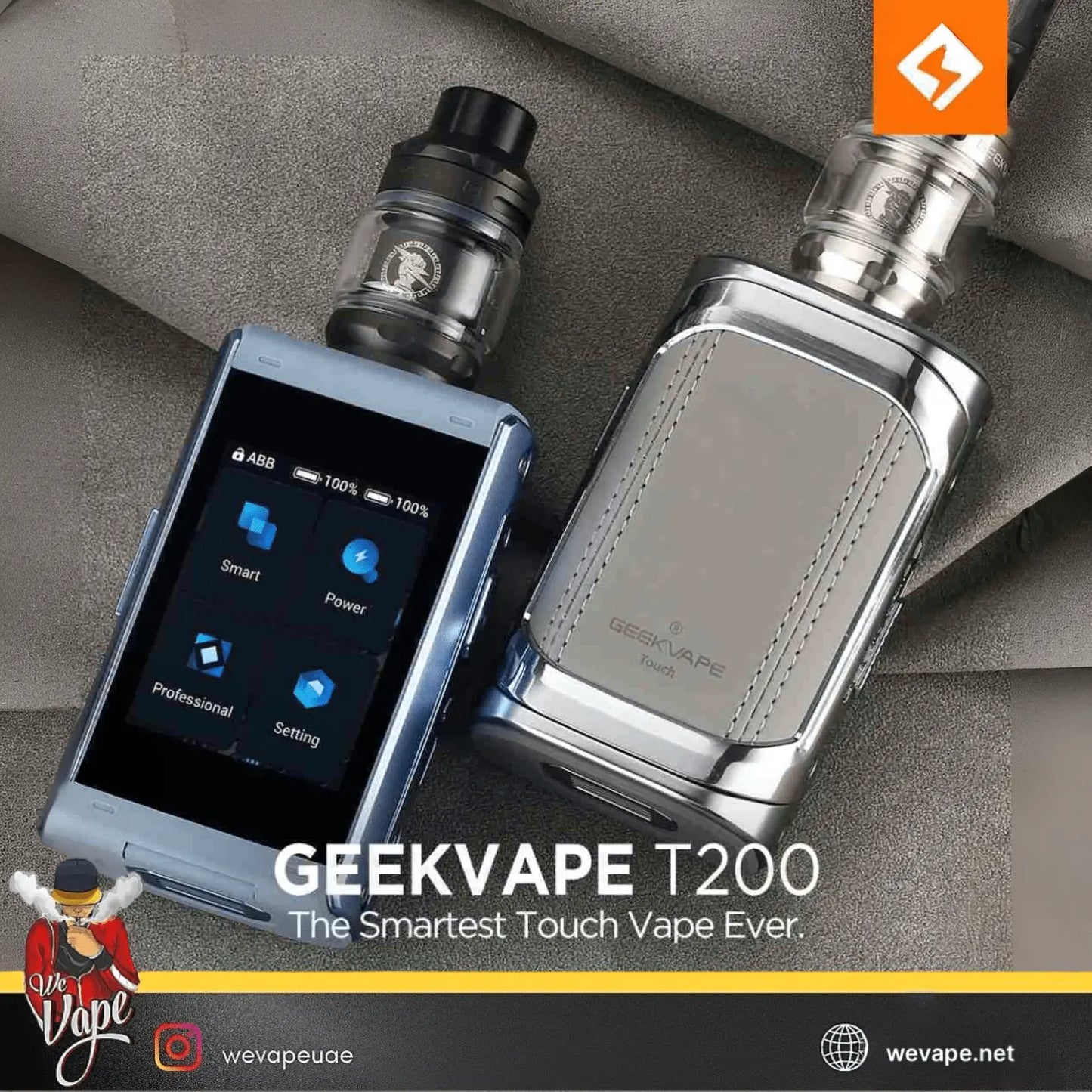Geekvape T200 vaping device with digital display on a gray background