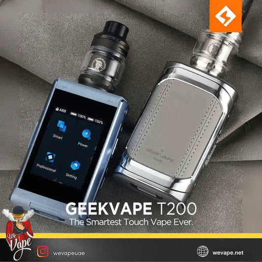 Geekvape T200 vaping device with digital display on a gray background