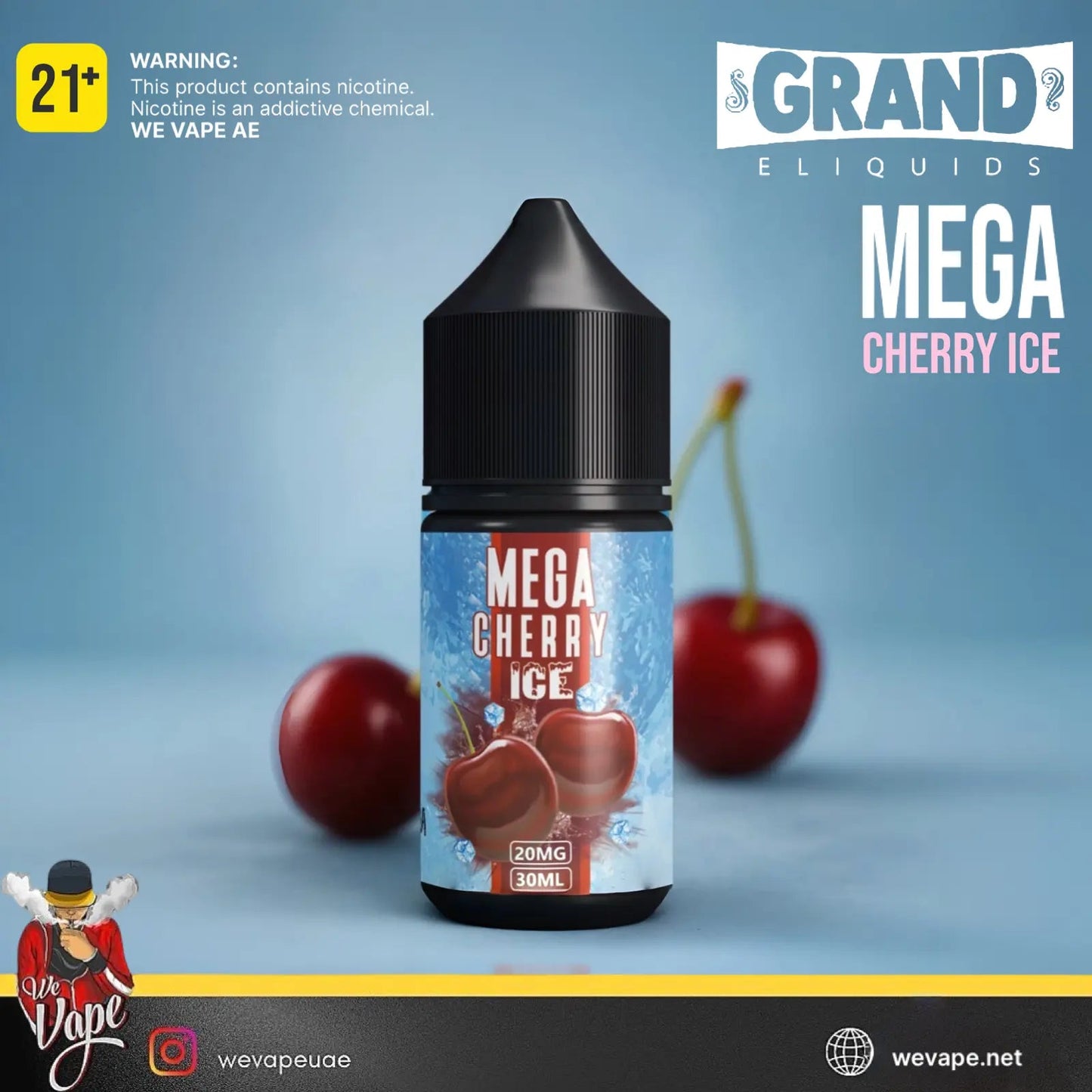Vape juice bottle labeled 'Mega Cherry Ice' with cherries on a blue background, featuring Grand Eliquids branding. Order Now and get FREE DELIVERY.