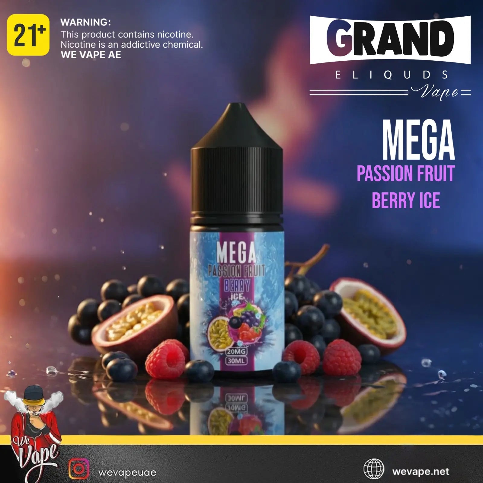 Vape juice bottle with fruit elements and Grand Eliquids branding on a dark background. Order Now and get FREE DELIVERY.