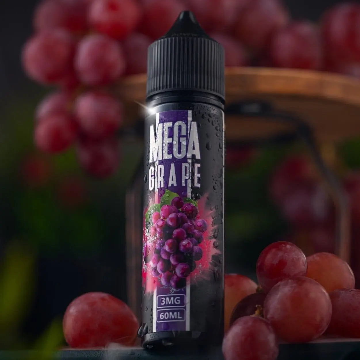 Mega Grape vape juice bottle with grapes in the background