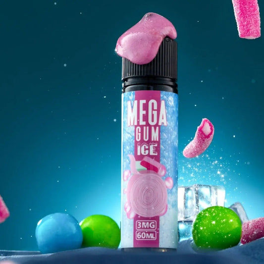 Mega Gum Ice vape device with colorful gummy candies and ice cubes on a blue background