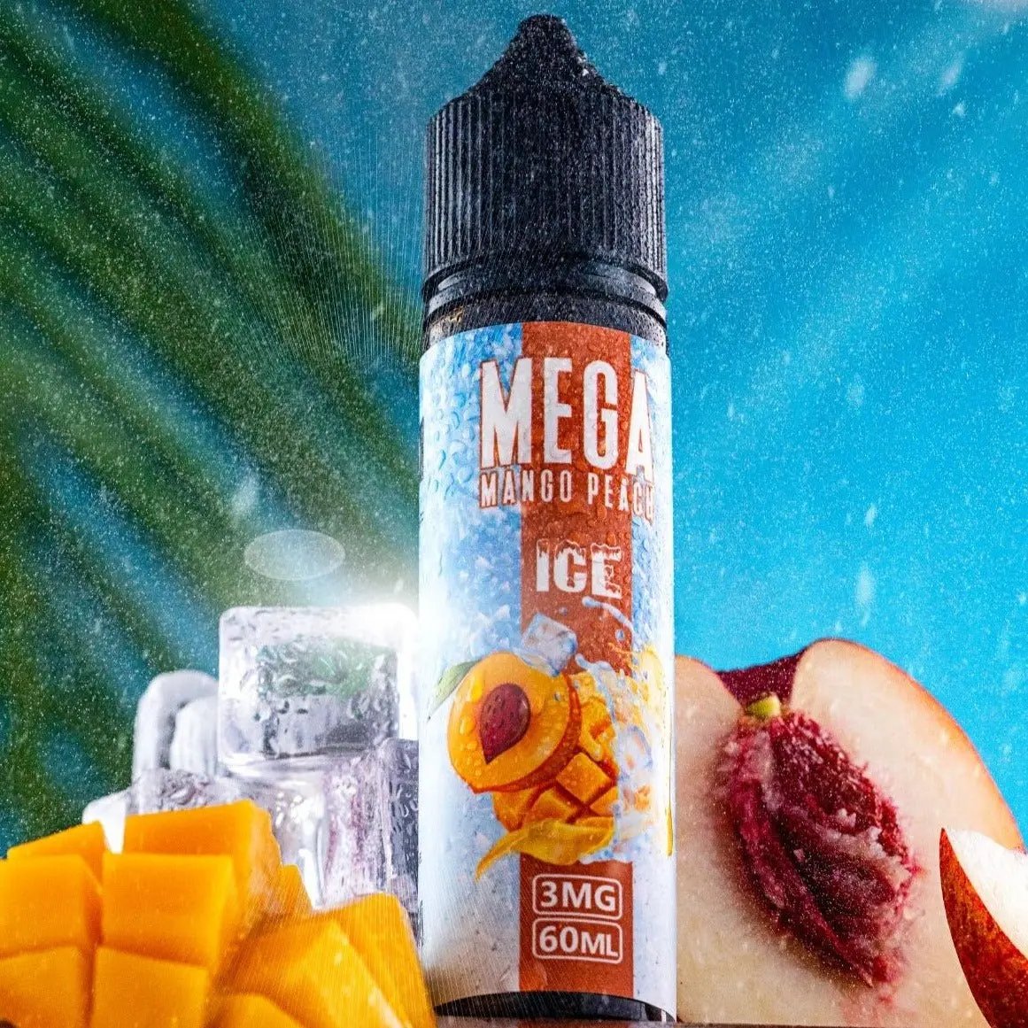 Mega Mango Peach Ice vape juice bottle with mango and peach slices on a blue background