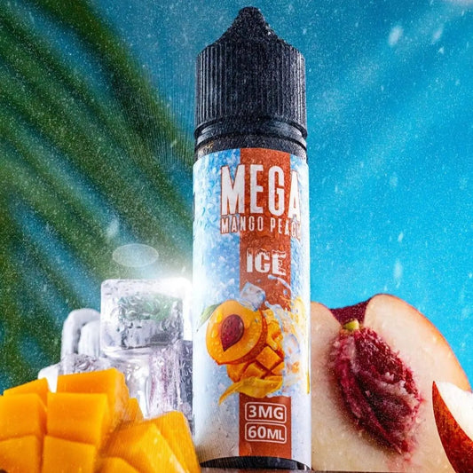 Mega Mango Peach Ice vape juice bottle with mango and peach slices on a blue background