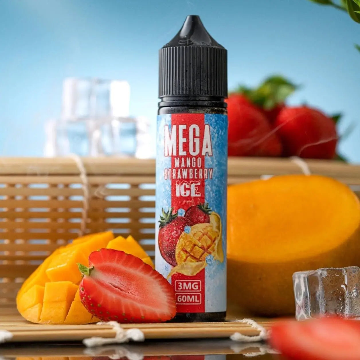 Mega Mango Strawberry Ice vape juice bottle with mango and strawberry on a wooden board