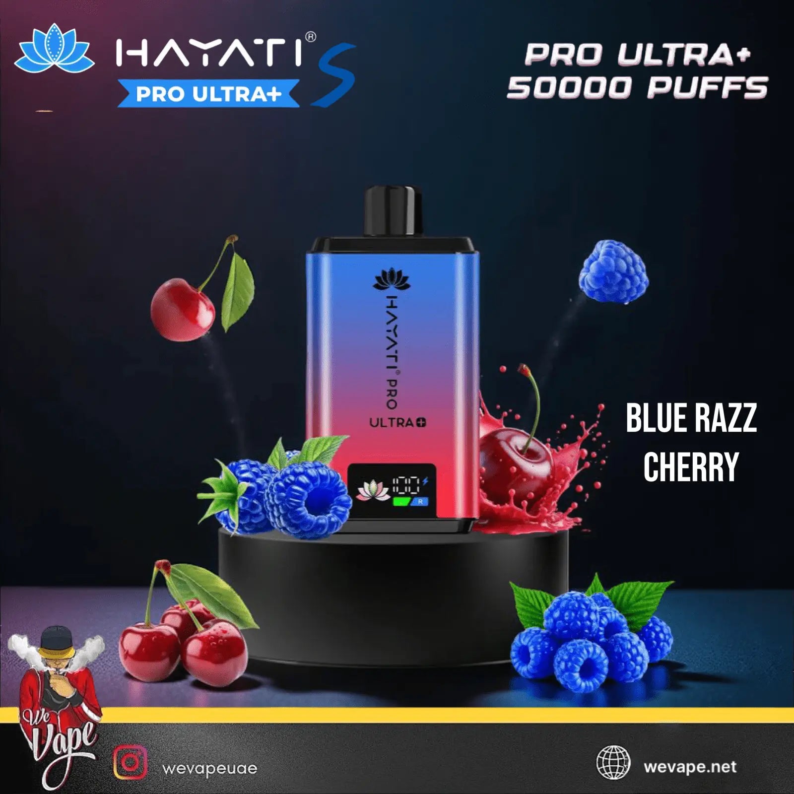 Hayati Pro Ultra+ vape device with blue razz cherry flavor on a dark background