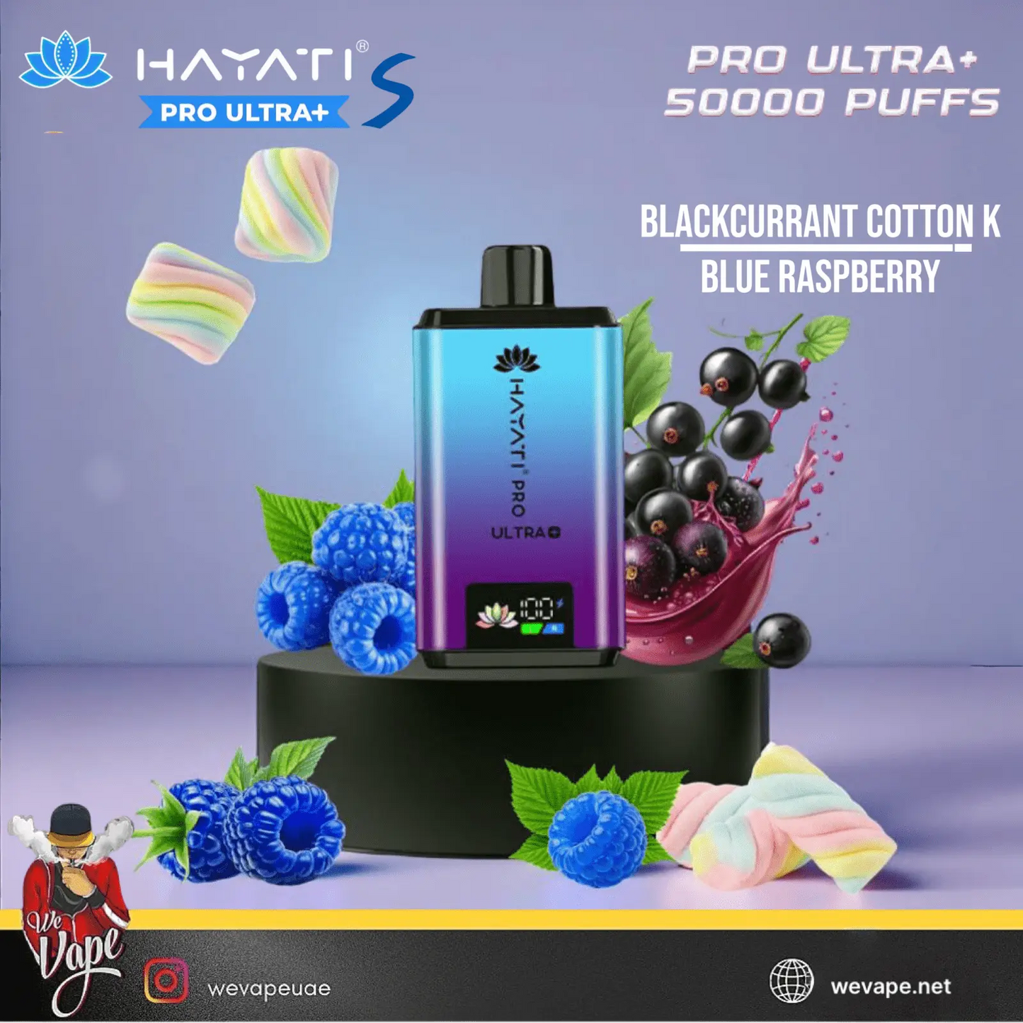 Hayati Pro Ultra+ vape device with blackcurrants and blueberries on a purple background