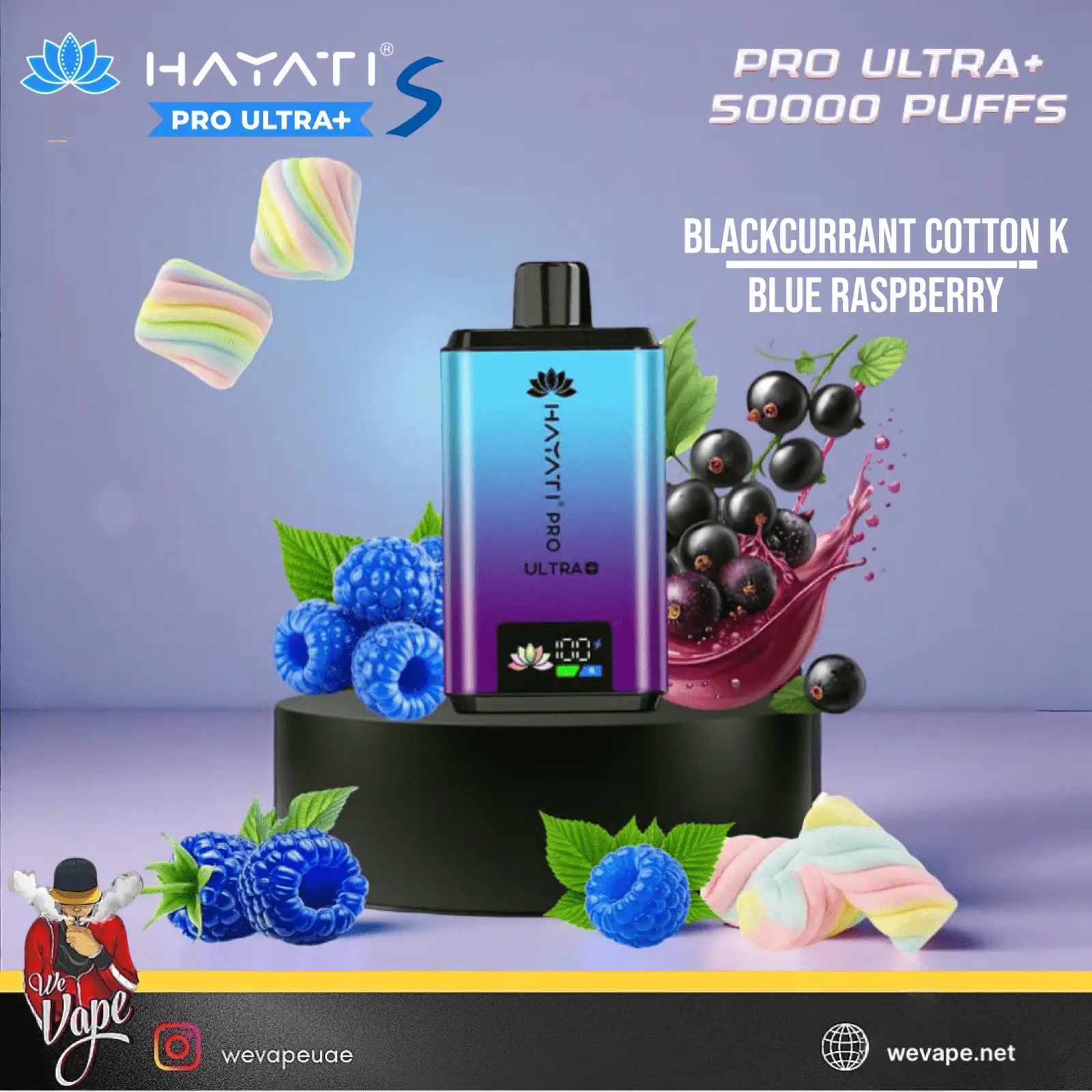 Hayati Pro Ultra+ vape device with blackcurrants and blueberries on a purple background