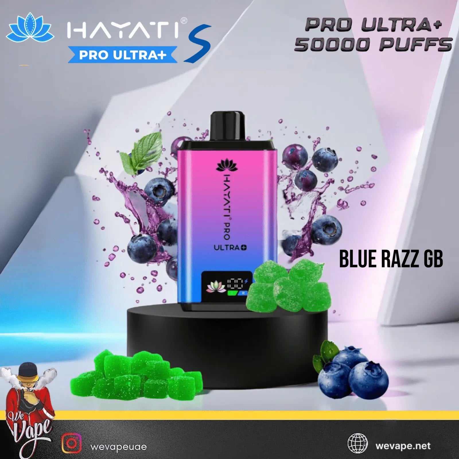 Hayati Pro Ultra+ vape device with blue and pink gradient on a colorful background with graphics of blueberries and gummy bears.