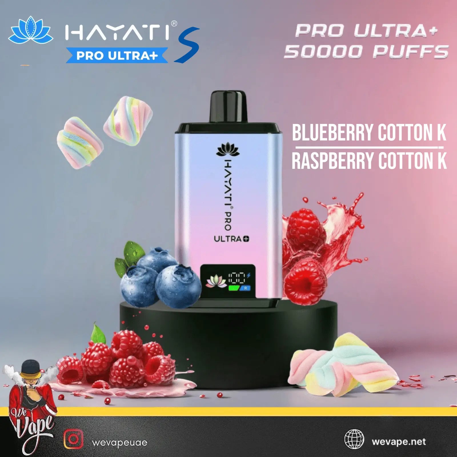 Hayati Pro Ultra+ vape device with blueberries, raspberries, and colorful cotton candy on a gradient background.