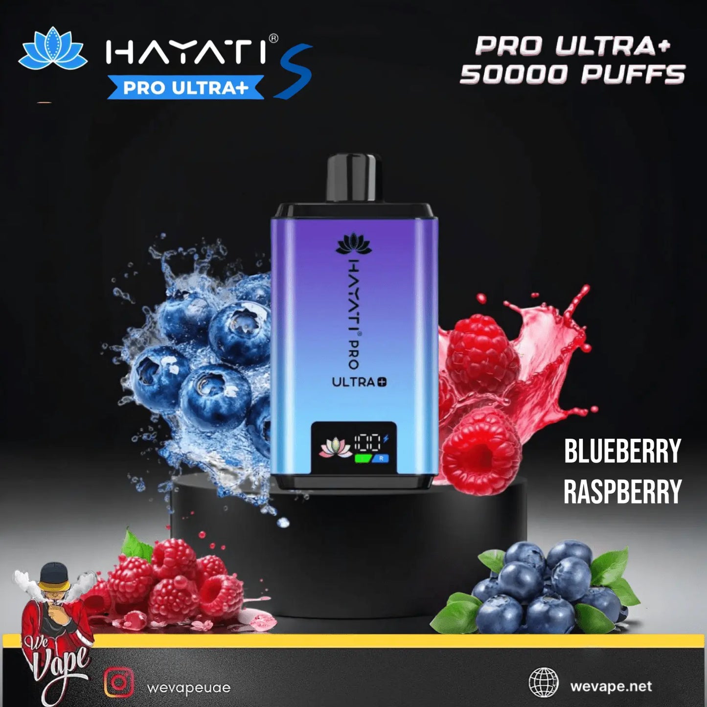 Hayati Pro Ultra+ vape device with blueberries and raspberries on a black background