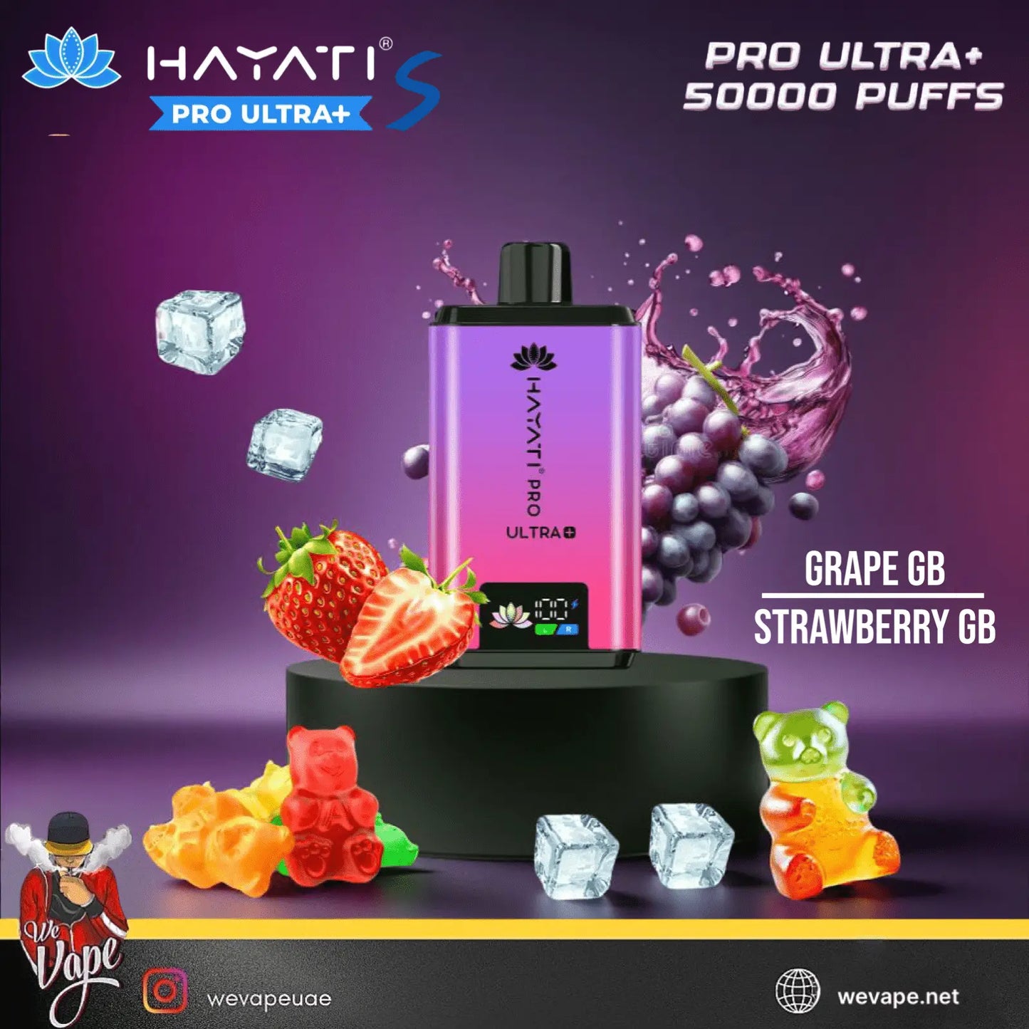 Hayati Pro Ultra+ vape device with grape and strawberry flavors on a purple background