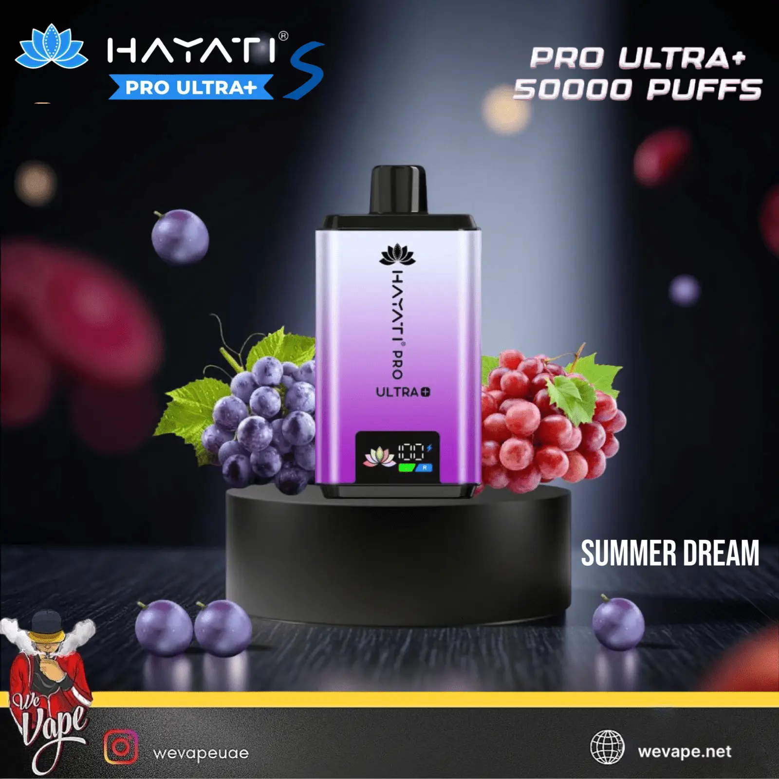 Hayati Pro Ultra+ vape device with grapes and berries on a dark background
