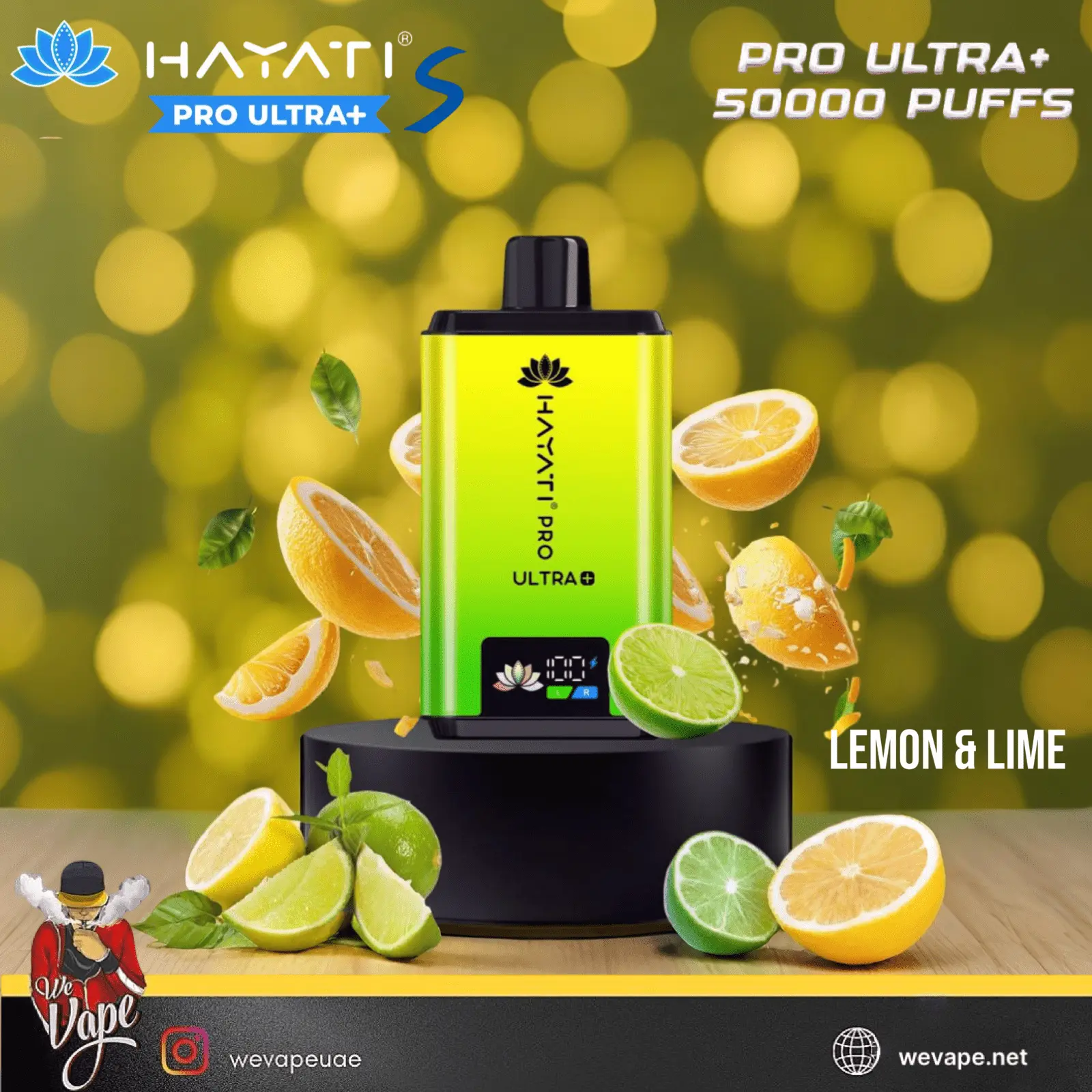 Hayati Pro Ultra+ vape device with lemon and lime graphics on a blurred green background